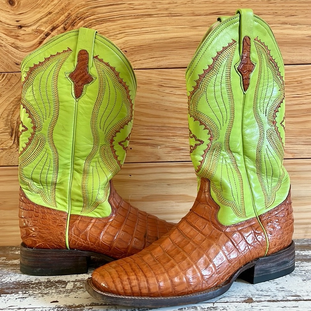 Ferrini Forro Vacuno Leather Brown & Lime Green Cowboy Boots Square Toe Size 10